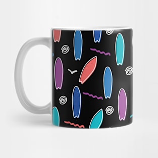 Colorful surf boards doodle party on black pattern Mug